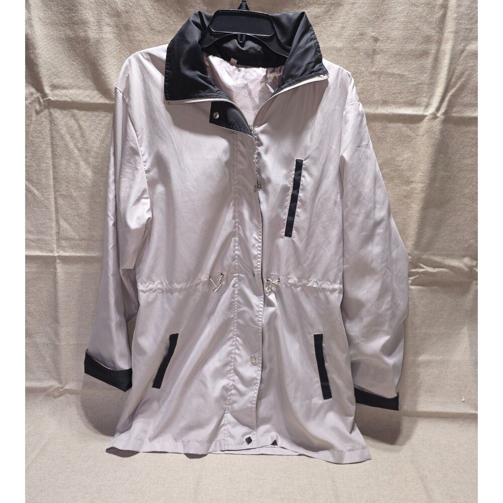 Beige Anorak Rain Jacket Black Trim Hidden Hood Women's Size Medium